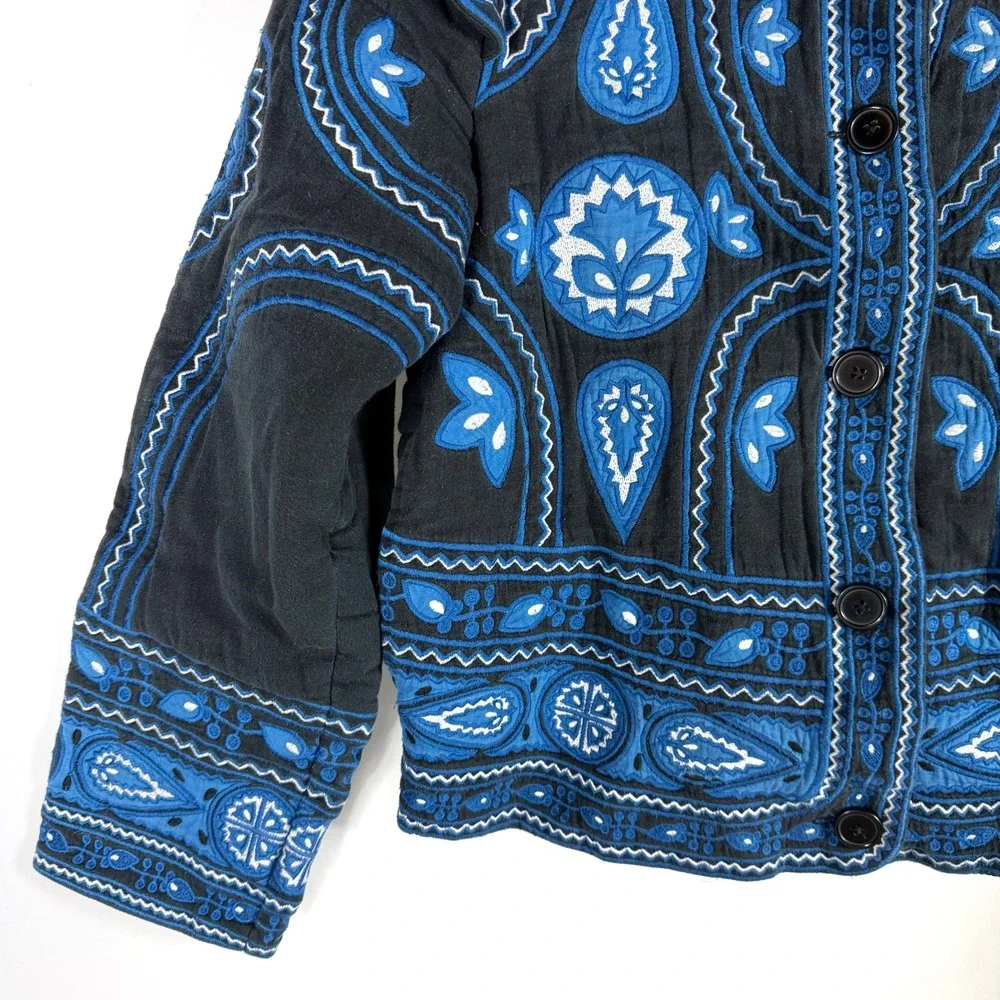 Sea New York Gael Quilted Jacket Black Blue Embroidered Paisley Boho Sz L